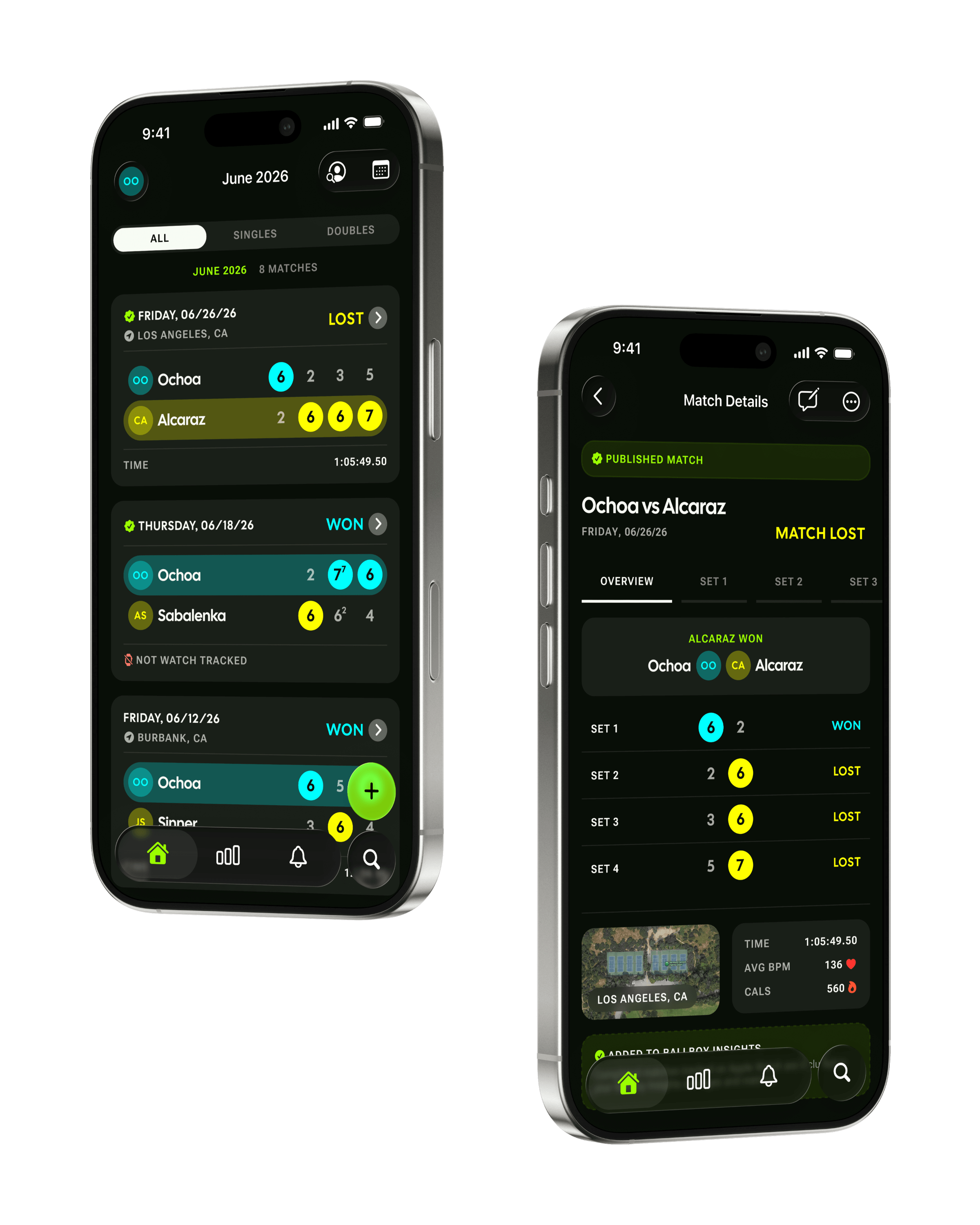 Ballboy on iPhone — the match history home, listing a month of tennis matches with set-by-set scores, beside the details of one match: the score of each set, plus match time, average heart rate and calories