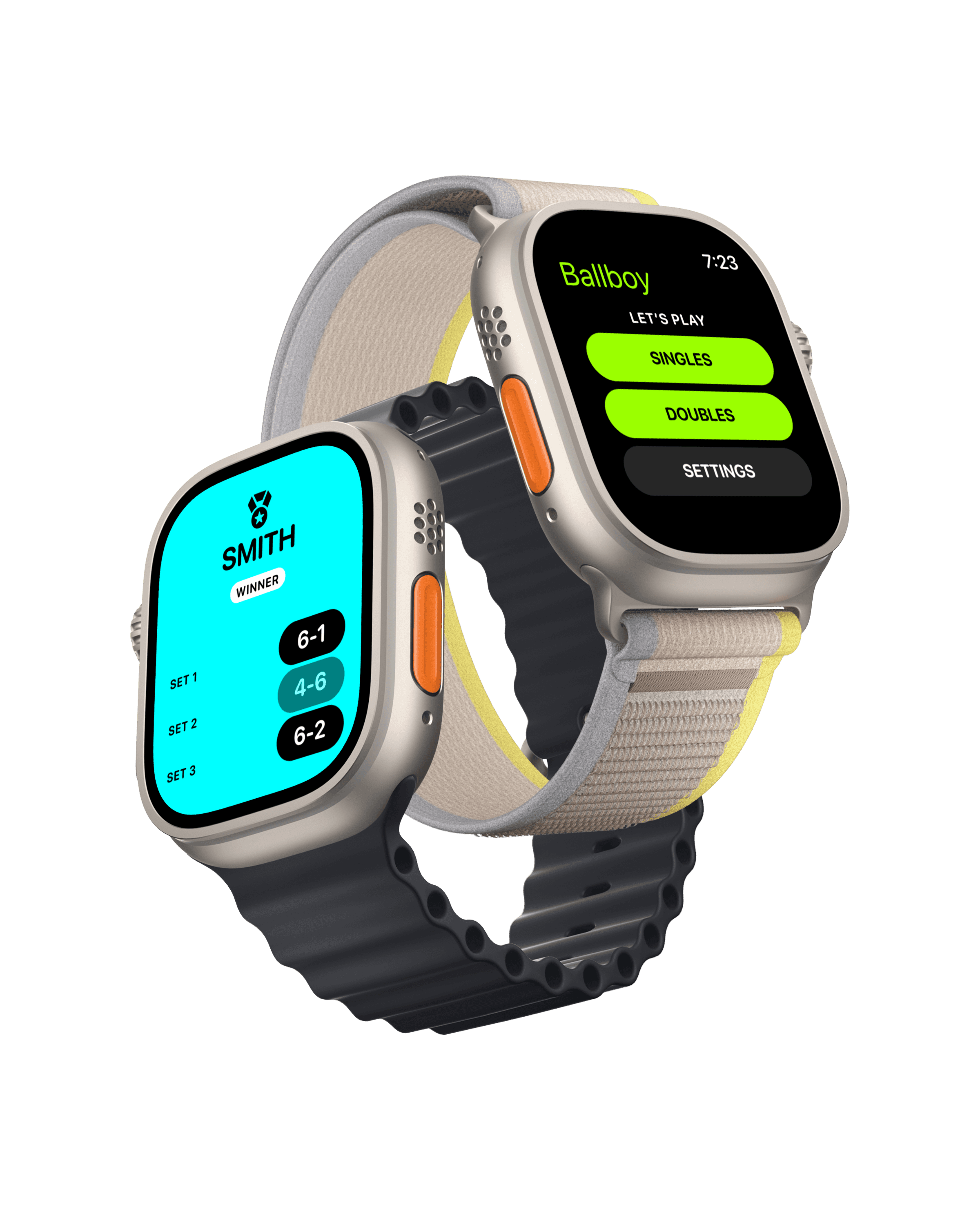 Ballboy on Apple Watch — match setup and a won match scorecard